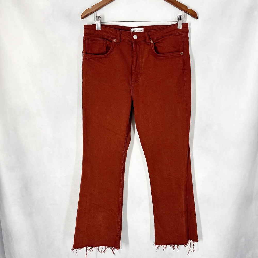 Zara Cotton Burnt Rust Orange Cropped Kick Flare High Rise Jeans Women's Size 8
